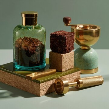 Still life with various objects, golden elements and textured materials