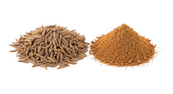 Two piles of raw dry spices including whole cloves and dried cumin seeds