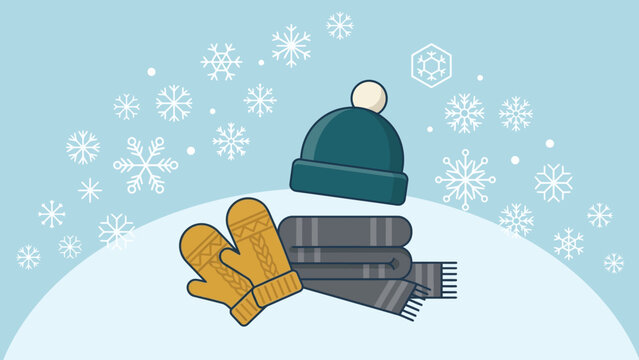 Winter knit beanie hat scarf and mittens on snowy background