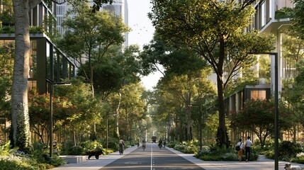 Naklejka premium Verdant Urban Corridor with Modern Architecture and Pedestrian Activity
