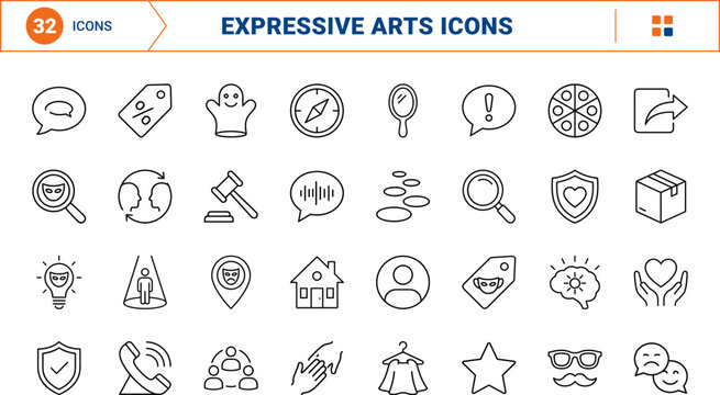 Drama therapy line icon set. Vector pictograms of psychodrama, expressive, arts, and counseling elements, thin linear illustration.