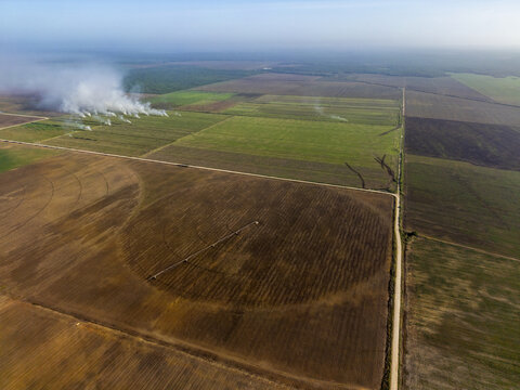 Aerial view of large-scale monoculture agricultural fields with circular irrigation systems and smoke rising from controlled burning in the rural landscape of Hopelchen, Campeche, Mexico.