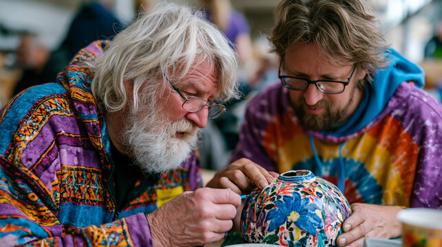 Repair cafe participant fixes broken ceramic lamp with elderly mentor guiding hand at crowded weekend community workshop, skill transfer circular economy, intergenerational repair event, zero waste 