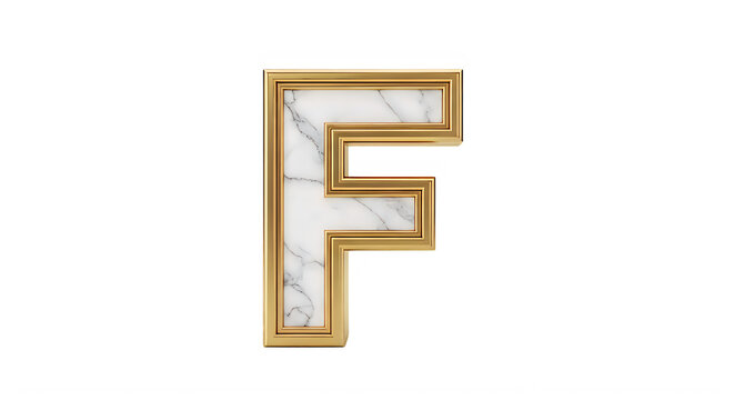 Elegant gold framed letter F with marble texture design isolated transparent background