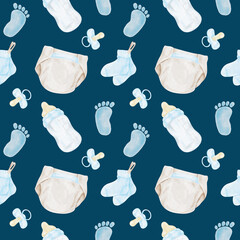 Beige diapers, blue footprints, baby bottles and pacifiers watercolor seamless pattern on dark blue background for nursery textiles, gift wrap, apparel, wallpaper and baby accessories.
