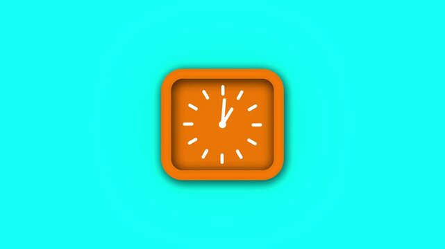 Awesome brown color square 12 hours wall clock animation on cyan background. clock isolated on pink dark background.