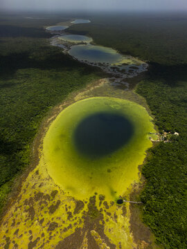 Aerial view of Siijil Noh Ha cenote surrounded by lush jungle and connected lagoons in Felipe Carrillo Puerto, Quintana Roo, Mexico.