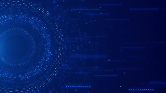 Circular data particle interface glowing blue dots, side motion streaks, dark depth, clean digital style. AI dashboards, cyber overlays, scanner visuals, software openers, 19 banners,