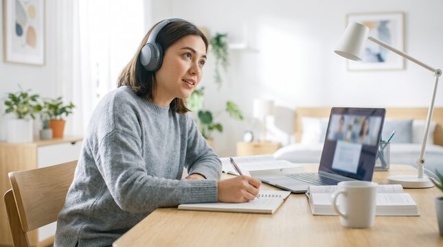 University Student Attending Online Class from Home Using Laptop and Headphones, Remote Learning and Education