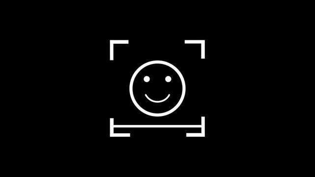 Biometric face recognition scan animation with smile face and green checkmark icon. Facial scanning security technology for smartphone unlocking concept.