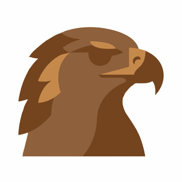 Flat geometric profile of a brown hawk head on white background