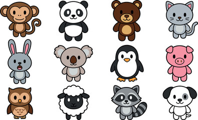 Fototapeta premium Cute Standing Baby Animal Cartoon Character Vector Clipart Set with Monkey, Panda, Bear, Cat, Rabbit, Koala, Penguin, Pig, Owl, Sheep, Raccoon, and Dog