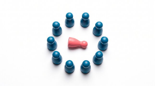 Black pawns surrounding a fallen red pawn. Concept of bullying or social exclusion.