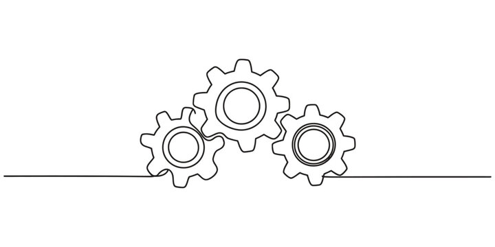 Continuous single line drawing of three connected mechanical gears