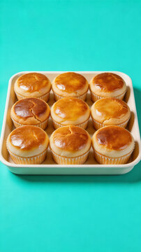 Freshly baked golden brown muffins in tray on turquoise background