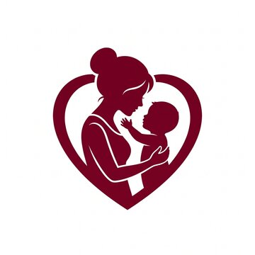 Elegant burgundy red silhouette logo of mother and baby forming a heart shape. Mother with bun hairstyle and child reaching up to her face, integrated into heart outline. Represents motherhood
