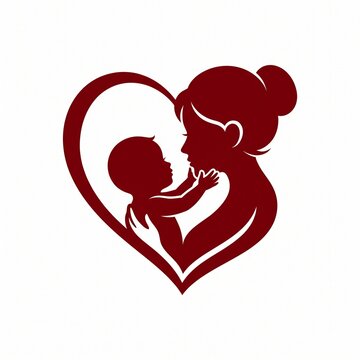 Elegant burgundy red silhouette logo of mother and baby forming a heart shape. Mother with bun hairstyle and child reaching up to her face, integrated into heart outline. Represents motherhood