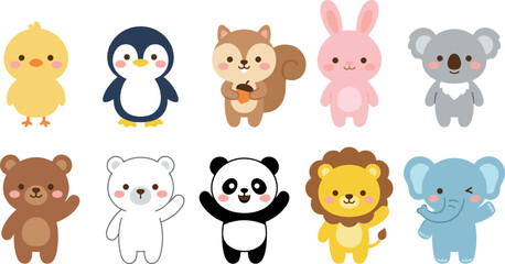 Cute Kawaii Baby Animal Cartoon Character Vector Clipart Set with Chick, Penguin, Squirrel, Rabbit, Koala, Bears, Panda, Lion, and Elephant Graphic Elements © SARIFA
