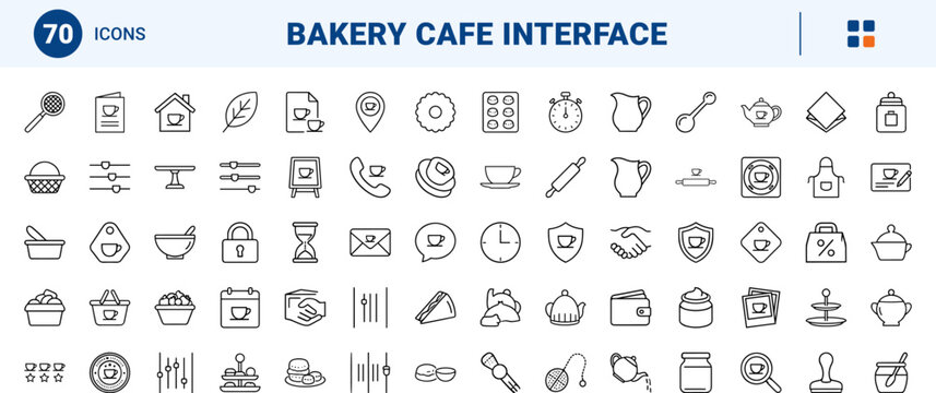 Cream tea cafe line icon set. Vector pictograms of afternoon, scone, teacup, and teapot elements, thin linear illustration.
