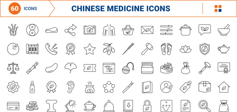 Chinese medicine school website line icon set. Vector pictograms of acupuncture, herbal, cupping, and therapy elements, thin linear illustration.