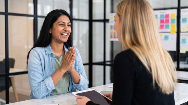 Happy young Indian woman celebrating good news during job interview with HR recruiter in modern office