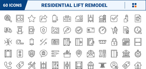 Fototapeta premium Home elevator remodel line icon set. Vector pictograms of lift, shaft, accessibility, and renovation elements, thin linear illustration.