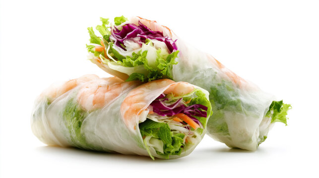 Fresh vietnamese spring rolls with shrimp and vegetables on white background