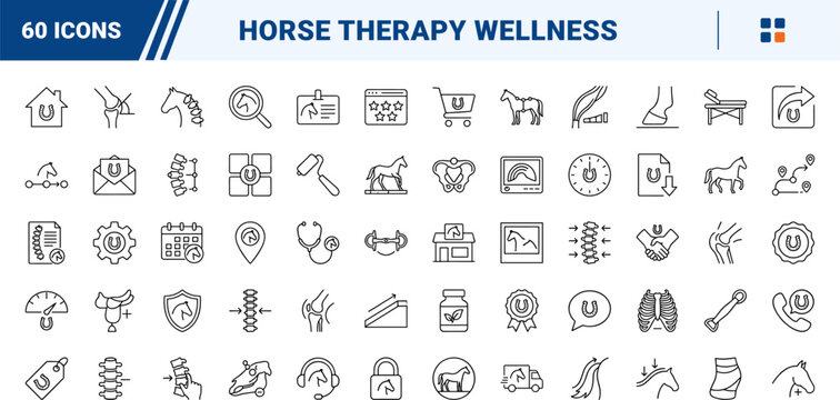 Equine Chiropractor line icon set. Vector pictograms of horse, joint, therapy, and veterinary elements, thin linear illustration.