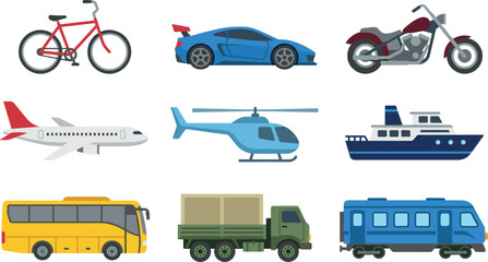 Naklejka premium Transportation Vehicles Flat Vector Icon Set with Bicycle, Sports Car, Motorcycle, Airplane, Helicopter, Cruise Ship, Bus, Cargo Truck, and Train Design Elements