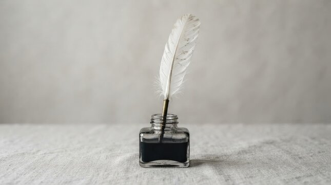 A vintage quill pen standing inside a glass inkwell on a textured surface representing the importance of writing and education for international literacy day celebration