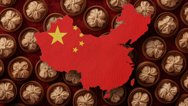 中国国旗テクスチャ地図シルエットと小籠包点心飲茶文化イラスト