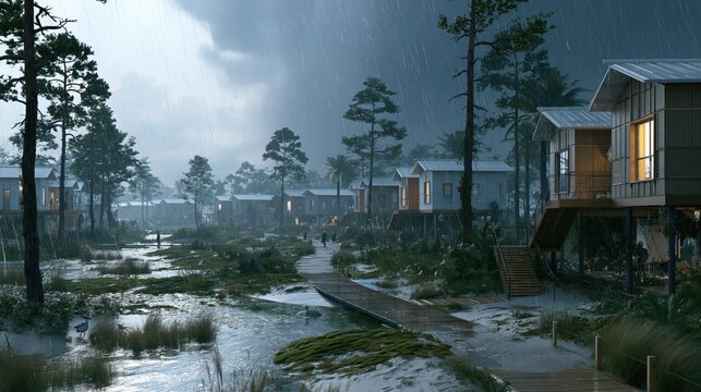 Stilt Houses in a Coastal Marsh at Twilight During a Gentle Rainfall