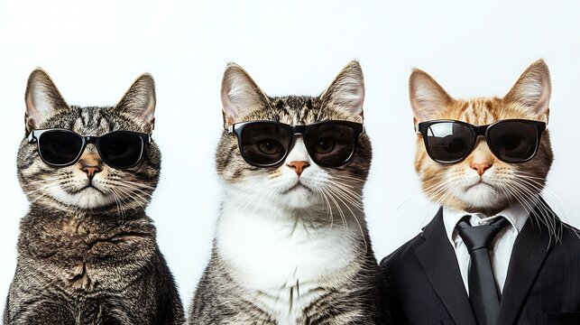 Three cats wearing sunglasses and suits isolated on white background