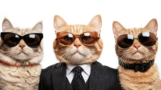 Three cats wearing sunglasses and suits isolated on white background