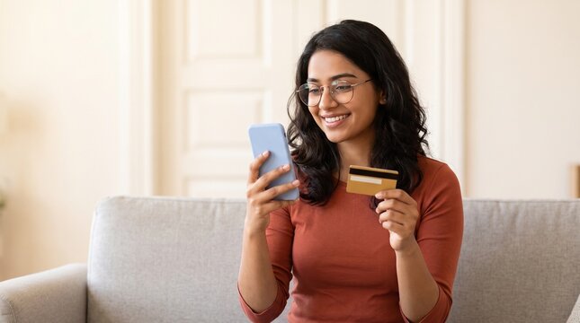 Happy young woman holding credit card and smartphone while making online payment sitting on sofa at home