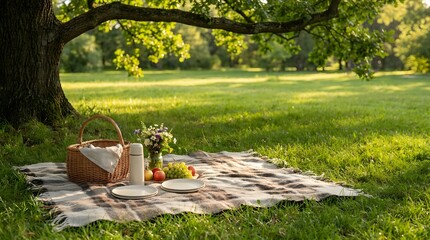 Fototapeta premium Cozy picnic setup with wicker basket blanket thermos and fresh fruits under big tree