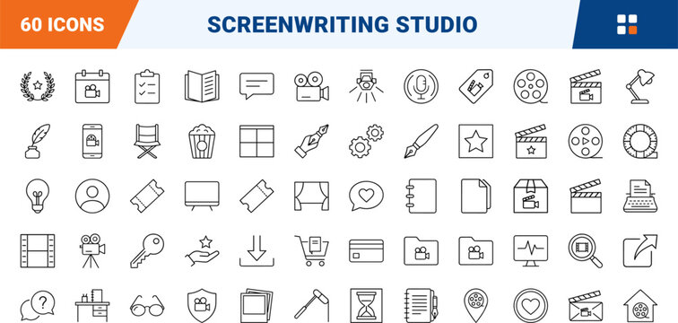 Film and media line icon set. Vector pictograms of scriptwriting, cinema production, studio equipment, and website navigation elements, thin linear illustration.