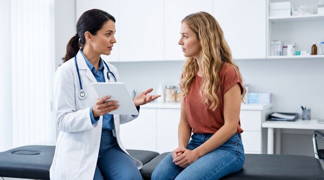 Professional Female Doctor Consulting with Patient During Medical Appointment in Modern Clinical Office Setting
