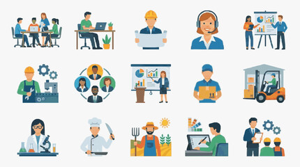 Fototapeta premium Sleek Colorful Illustrated Icons Showcasing Diverse Professional and Industry Roles with Modern Workplace Scenes