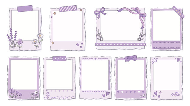 Decorative purple instant photo frames set with floral accents and aesthetic scrapbook elements for digital journaling and memory keeping
