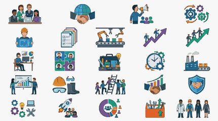 Fototapeta premium Modern Colorful Illustrated Icons Set Featuring Business Teamwork Industry Innovation and Growth Concepts