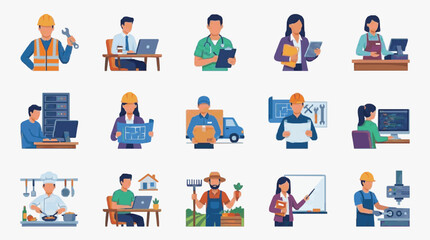 Fototapeta premium Minimalist Illustrations of Diverse Professional Careers with Colorful Icons and Tools with high quality professional line art symbols for modern creative design and digital branding projects