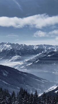 Panoramic view of Zell am See with alpine winter mountain scenery and peaks, Salzburg Land, Austria