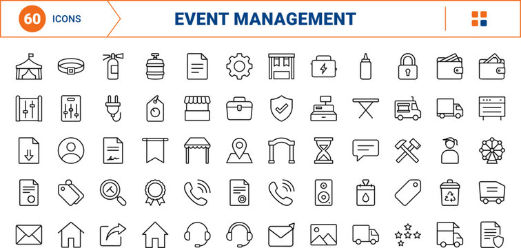 Festival vendor platform line icon set. Vector pictograms of marketplace, event, booth, and logistics elements, thin linear illustration.