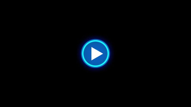 Glowing video play icon blue circular button, bright cyan rim, and clean black streaming screens, media intros, online courses, app promos, tutorial clips, broadcast graphics, and motion overlays.