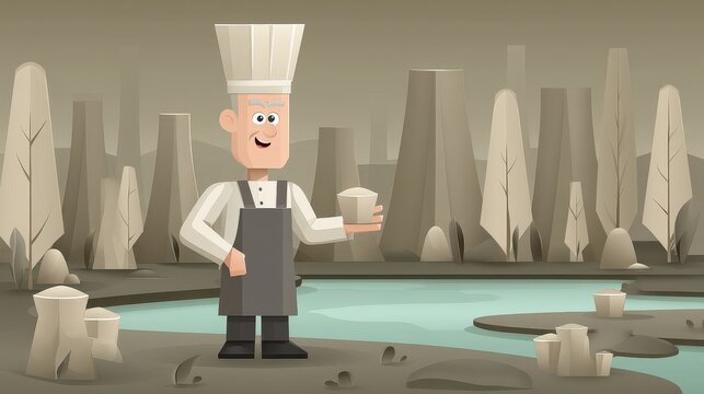 Cartoon Chef Holding Cup in Forest with Water and Trees Background