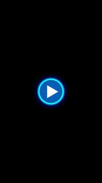 Blue play button media glowing circular icon, black empty space, and modern video control style. streaming promos, app tutorials, video intros, media platforms, presentation screens, digital overlays.