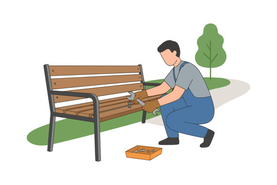 Caucasian male adult repairing park bench in outdoor setting.