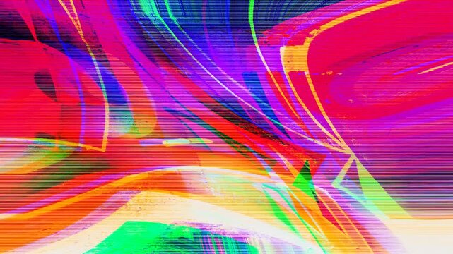 Abstract magenta and orange glitch background with high density scanline distortion and RGB split flickering on a seamless loop. Anchors an edgy rave nightclub VJ loop and electronic music video.