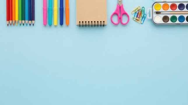 Top view of colorful school supplies arranged on a light blue background for international literacy day celebration featuring pencils markers notebook scissors and watercolor paint set